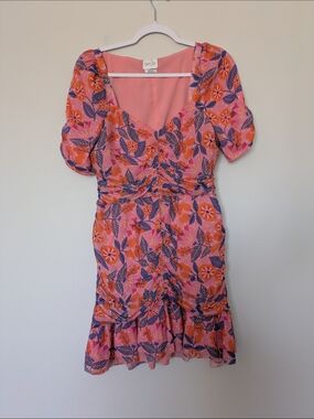 SAYLOR Pink & Orange Floral Ruched Mini Dress